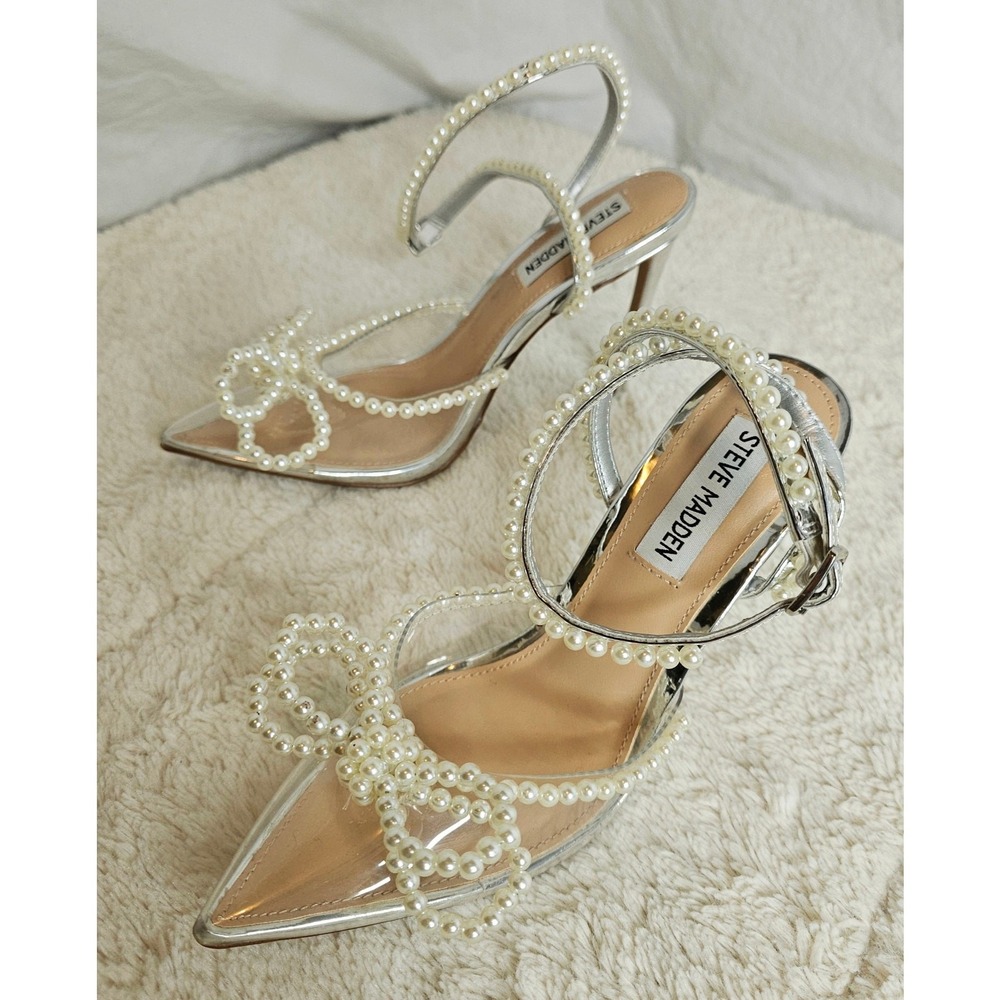 Steve Madden Pointed Toe 6M clear Pearl Bow Sexy Stilettos. Easter. Spring Party